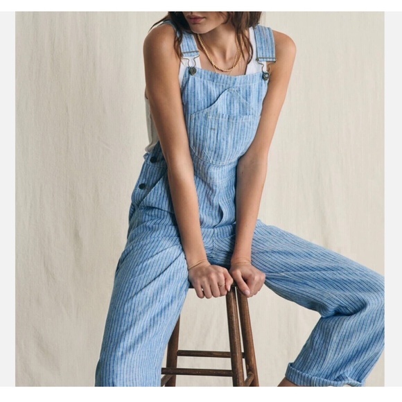 FAHERTY Linen Topsail Railroad Blue Stripe Mechanic Overalls Straight Leg Large - Picture 2 of 14